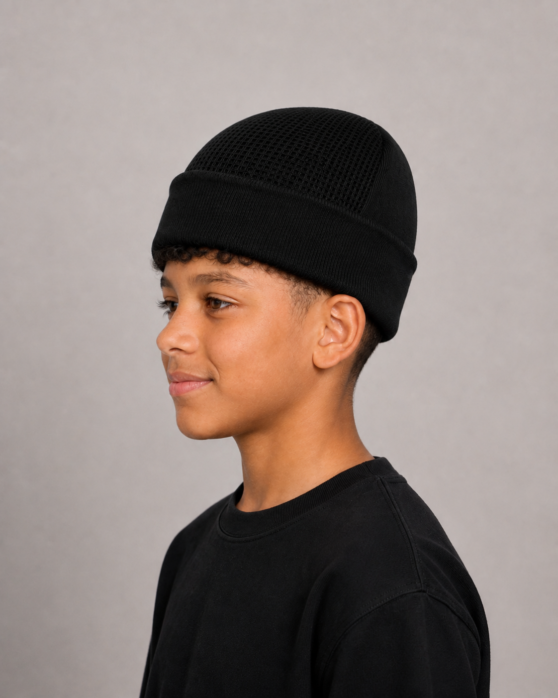 Bonnet Headspin NATS Classic enfant, noir, garçon de profil